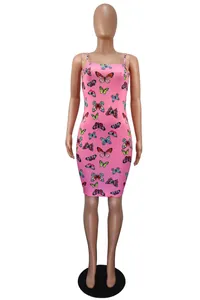 Sexy pink summer slip dress with a vibrant butterfly print and a slim bodycon fit
