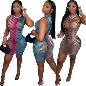Detailed showcase of three sexy mesh hollow-out bodycon mini dresses for clubwear