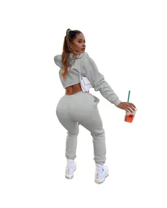 Back view of gray cropped hoodie and matching joggers set in soft warm fleece