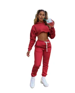 Red cropped hoodie and jogger pants set for casual athletic wear