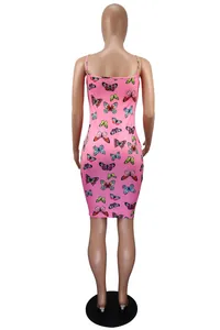 Back view of a pink bodycon camisole dress with colorful butterfly print patterns