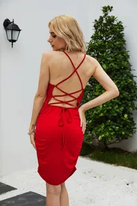 Back detail of a red ruched bodycon dress with crisscross lace-up design