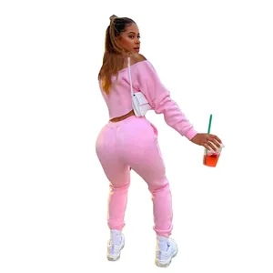 Chic women's off-shoulder pink two-piece sweatshirt and sweatpants casual sports suit set