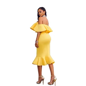 Elegant yellow off-shoulder ruffled mermaid midi dress with slim fit for formal occasions