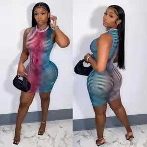 Front and back view of sexy multi-color mesh bodycon dress with hollow-out texture