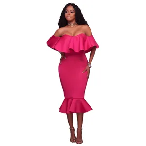 Elegant hot pink off-the-shoulder cocktail dress with cascading ruffles and mermaid hem