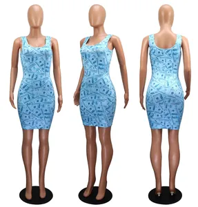 Three-angle view of a sleeveless bodycon mini dress with blue US dollar bill print