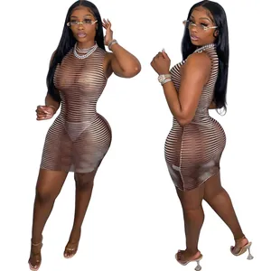 Sexy brown striped mesh mini dress with sleeveless hollow out lace detail on model