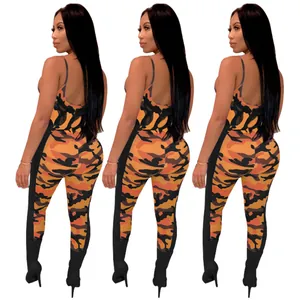 Detailed back view of a sexy orange and black camouflage print backless slim fit jumpsuit