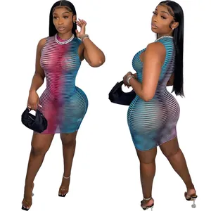 Front and side view of sexy gradient mesh hollow-out sleeveless bodycon mini dress.
