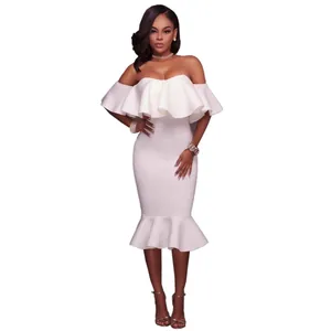 Elegant white off-the-shoulder midi dress with ruffle flounce and mermaid hem style.