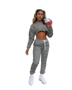 Women's grey two-piece casual tracksuit set featuring cropped hoodie and matching joggers