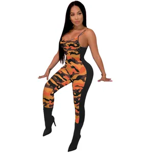 Detailed view of women's sexy backless camouflage jumpsuit with side paneling
