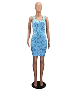 Detail of the blue sleeveless bodycon dress featuring a unique dollar bill print.