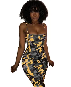 Sexy slim fit camouflage camisole bodycon dress featuring bold yellow and grey patterns
