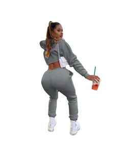 Detailed back view of a grey fleece tracksuit set featuring a cropped hoodie and joggers