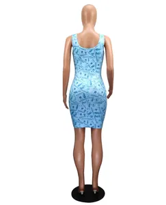 Back view of a sexy bodycon sleeveless mini dress with blue dollar bill money print