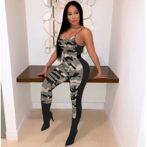 Sexy backless camouflage jumpsuit for women featuring a slim fit and spaghetti straps detail