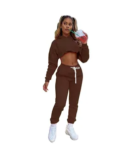 Close-up of a brown fleece cropped hoodie and matching sweatpants two-piece set.