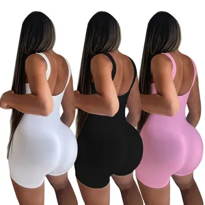 Back view of three slim-fit knitted ribbed sleeveless rompers in white, black, and pink