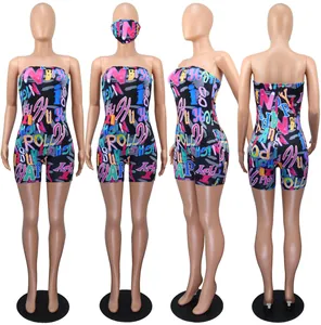 Combishort bustier sexy à imprimé graffiti avec masque assorti pour femme chic