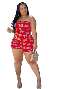 Sexueller roter trägerloser Jumpsuit mit buntem Schmetterlingsdruck