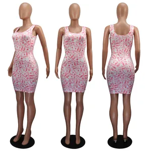 Sleeveless bodycon mini dress with pink dollar bill print for women night club wear