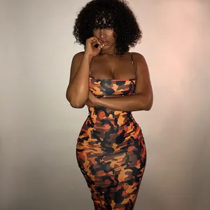 Womens bodycon camouflage camisole dress with spaghetti straps, slim fit sexy streetwear look