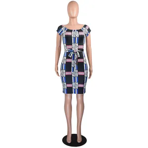 Elegant off-shoulder digital print dress with geometric Greek key pattern on mannequin