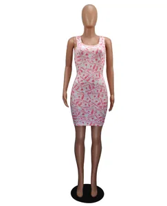 Sexy sleeveless bodycon mini dress featuring a red and white dollar bill print.