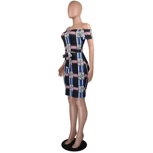 Off-shoulder knee-length dress featuring vibrant digital geometric prints on mannequin