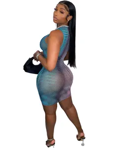 Detailed view of sexy gradient mesh bodycon mini dress with hollow out design.