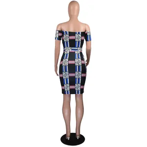 Back view of women's off-shoulder bodycon dress with Greek key digital print pattern