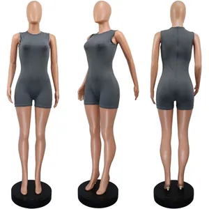 Detailed view of grey sleeveless crew neck slim fit bodysuit romper from three angles