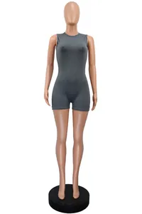 Full front view of a grey sleeveless round neck slim fit romper jumpsuit on a mannequin