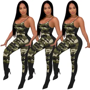 Detailed look at the sexy camouflage print bodycon jumpsuit with spaghetti straps.