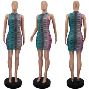 Detailed view of women's sleeveless bodycon dress with vibrant mesh wave pattern.
