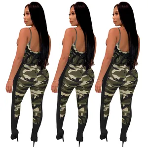 Sultry slim fit backless camouflage jumpsuit for women with contrast side stripe detail