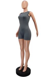 Detailed view of gray sleeveless bodysuit shorts for women featuring slim fit round neck