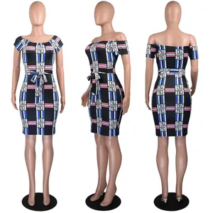 Three views of an off-the-shoulder bodycon dress with geometric digital print patterns