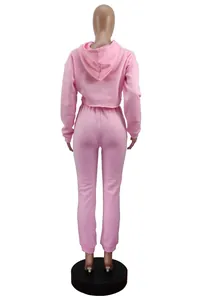 Back view of high-quality pink two-piece fleece cropped hoodie and sweatpants set