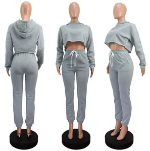 Gray women's two-piece fleece tracksuit set shown in front, back, and side views