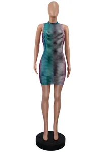 Detailed view of sexy lace mesh bodycon dress featuring a vibrant colorful gradient stripe pattern