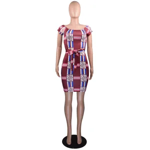 Detailed front view of a stylish geometric print off-the-shoulder bodycon dress on a mannequin.