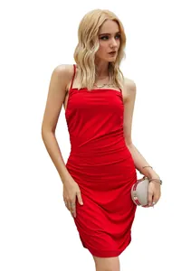 Detailed view of an elegant red sleeveless ruched bodycon dress for women fashion