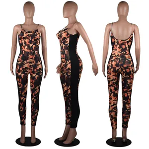 Detail showing front, side, and back views of women's sexy camouflage backless jumpsuit
