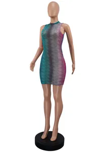 Close-up of colorful zigzag gradient lace mesh sexy bodycon hollow-out dress