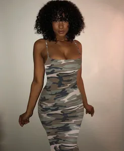 Slim-fit camouflage midi dress with thin spaghetti straps and bodycon silhouette