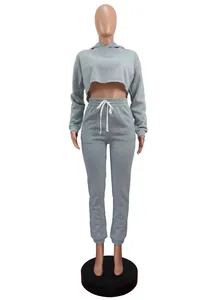 Front view of grey two-piece tracksuit with cropped hoodie and joggers on mannequin