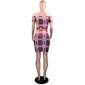 Back view of a women's off-shoulder mini dress featuring a vibrant geometric digital print